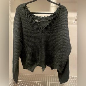 black cropped & distressed wide-neck sweater